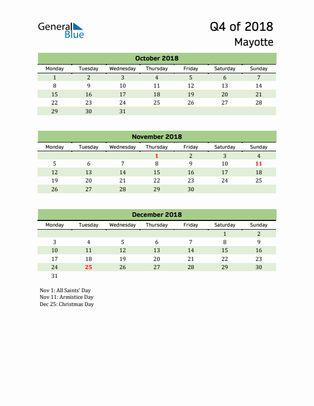 Quarterly Calendar 2018 with Mayotte Holidays