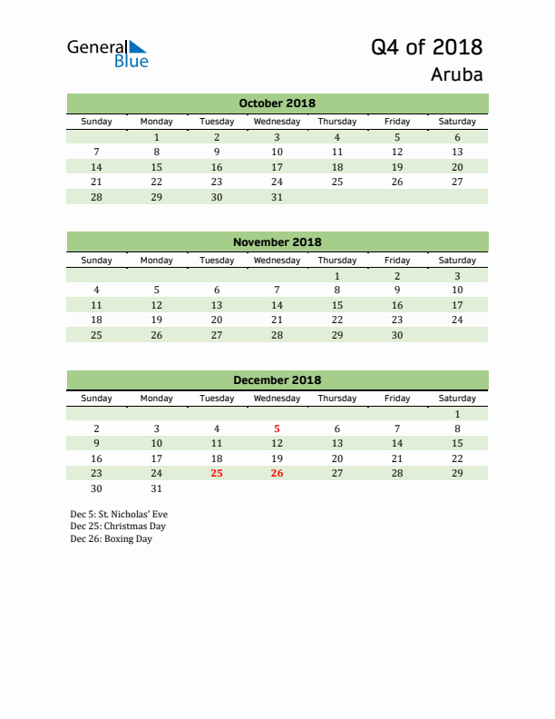 Quarterly Calendar 2018 with Aruba Holidays