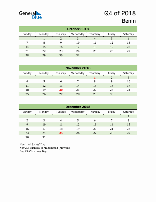 Quarterly Calendar 2018 with Benin Holidays