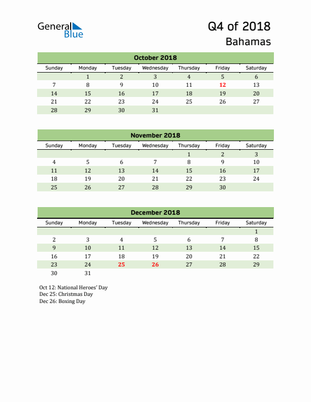 Quarterly Calendar 2018 with Bahamas Holidays