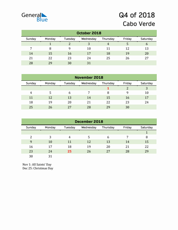 Quarterly Calendar 2018 with Cabo Verde Holidays
