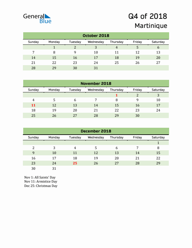 Quarterly Calendar 2018 with Martinique Holidays