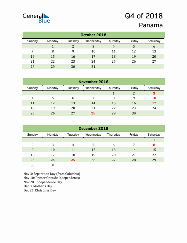 Quarterly Calendar 2018 with Panama Holidays