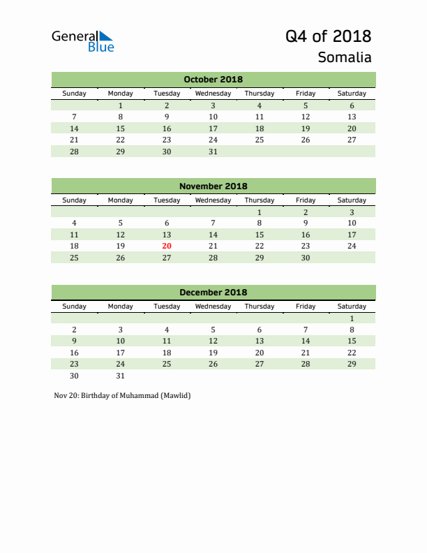 Quarterly Calendar 2018 with Somalia Holidays