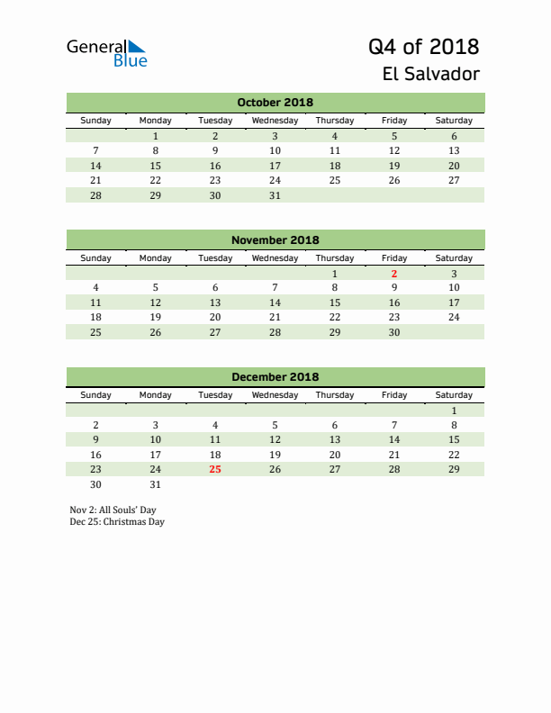 Quarterly Calendar 2018 with El Salvador Holidays