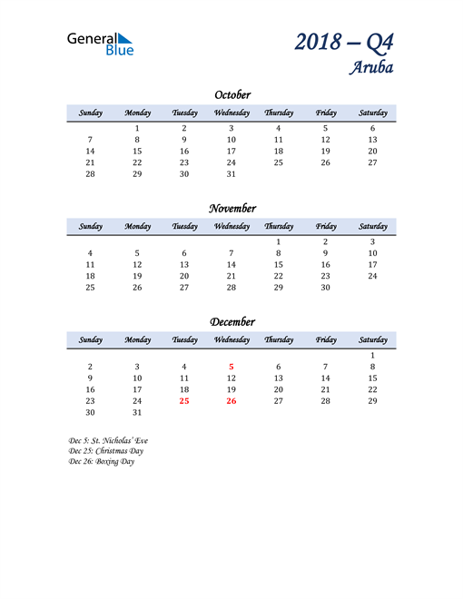  October, November, and December Calendar for Aruba