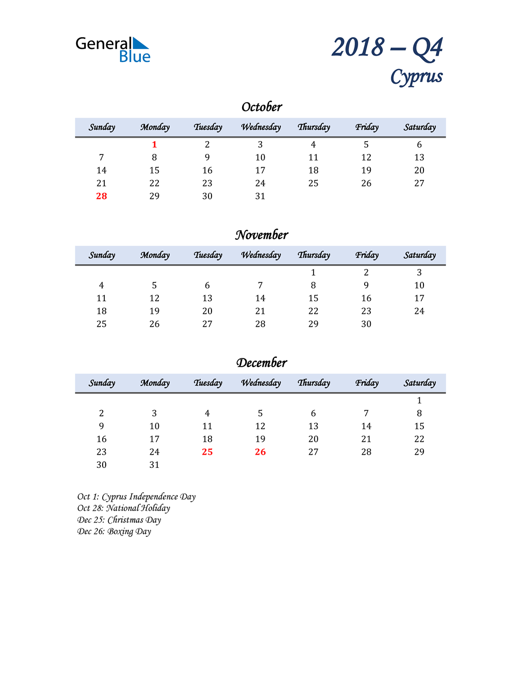  October, November, and December Calendar for Cyprus