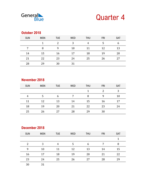  Three-Month Printable Calendar 2018