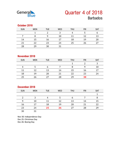  Printable Three Month Calendar for Barbados