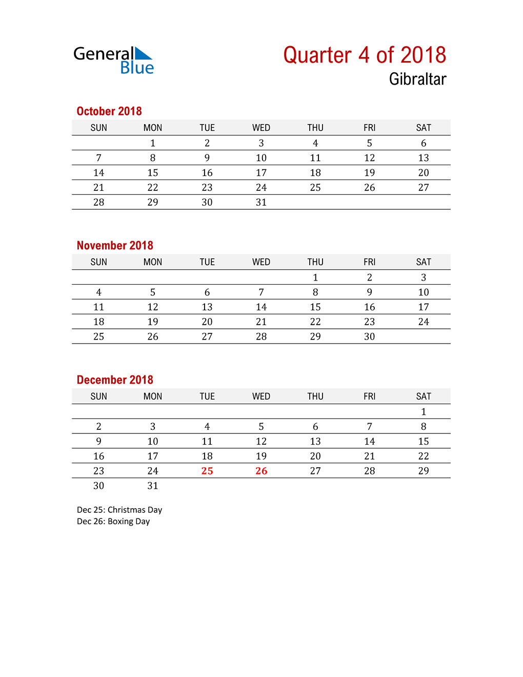  Printable Three Month Calendar for Gibraltar