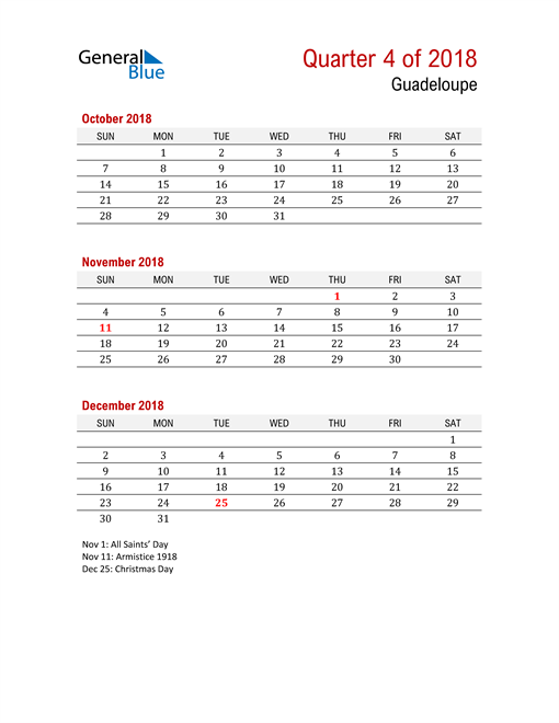  Printable Three Month Calendar for Guadeloupe