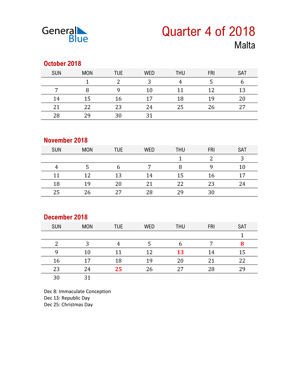  Printable Three Month Calendar for Malta