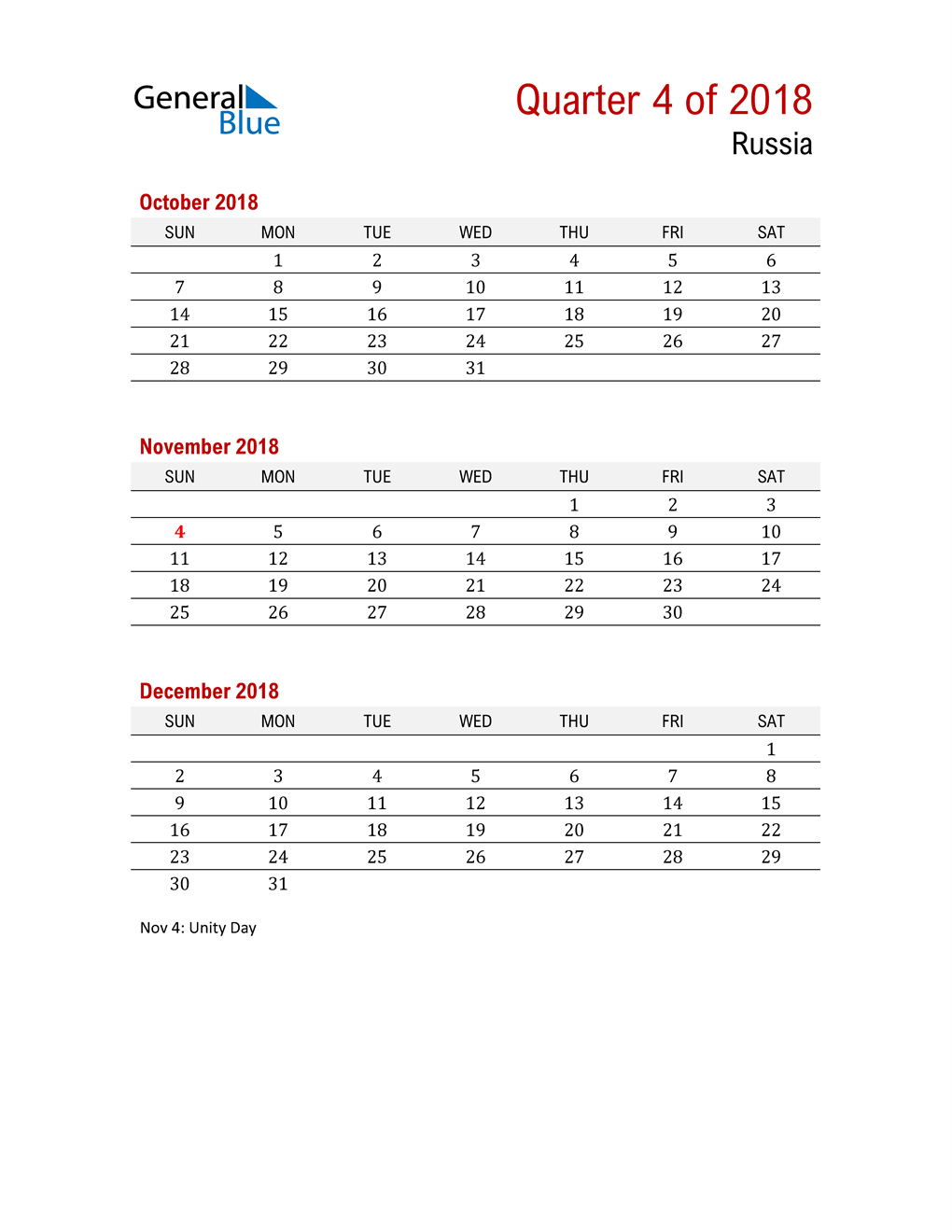  Printable Three Month Calendar for Russia