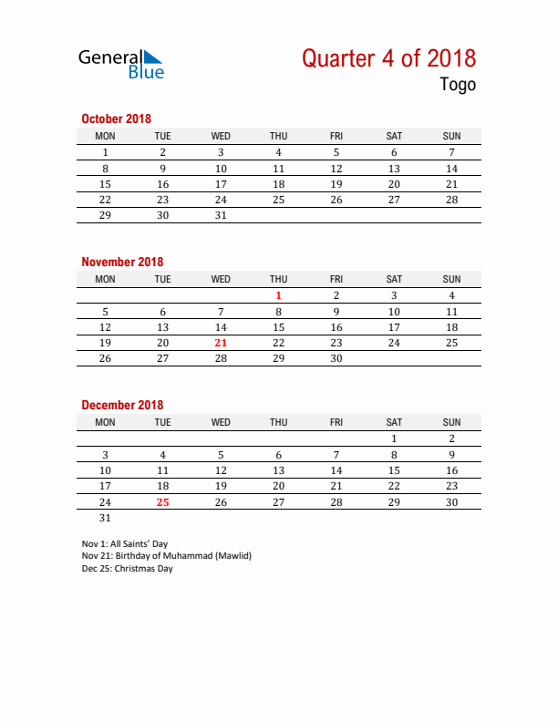 Printable Three Month Calendar with Togo Holidays