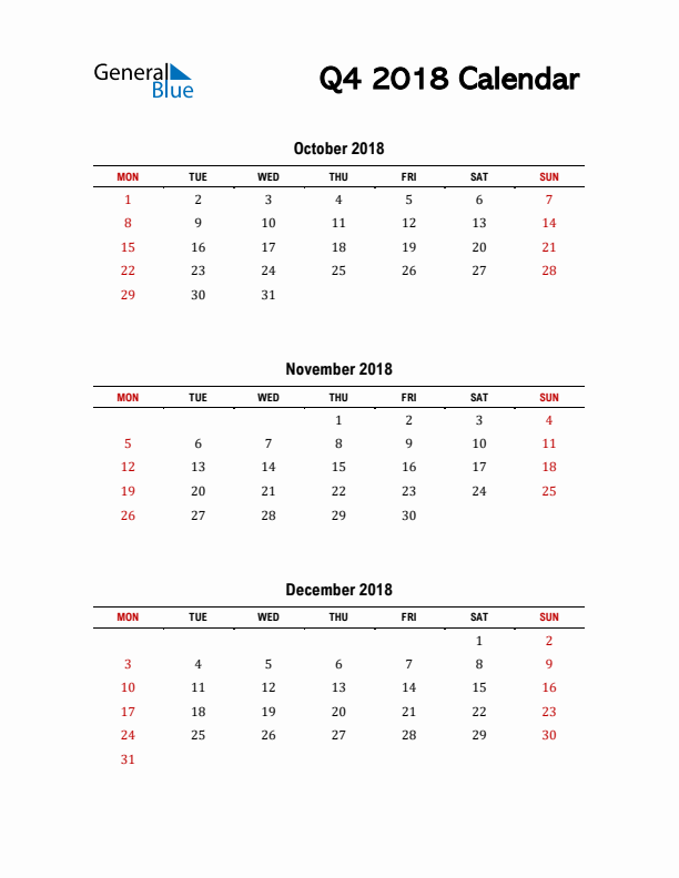 2018 Q4 Calendar with Red Weekend