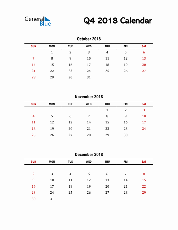 2018 Q4 Calendar with Red Weekend