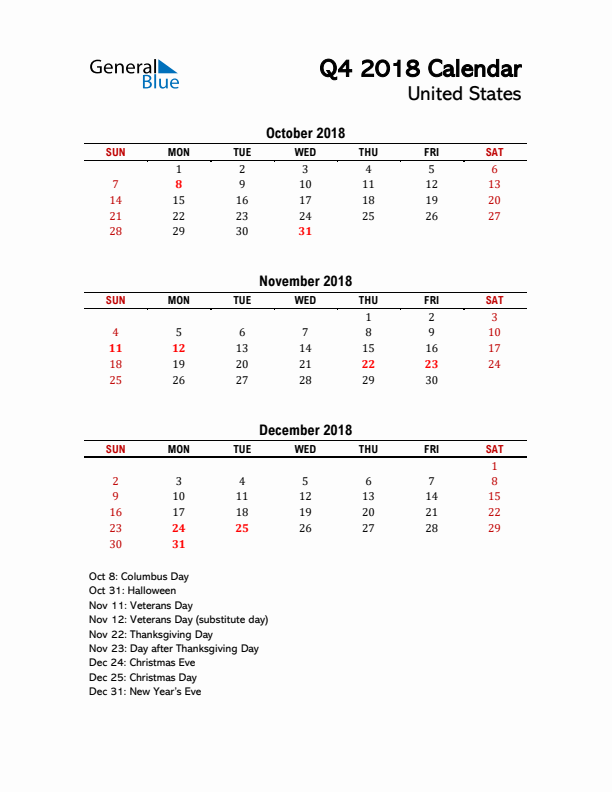 2018 Q4 Calendar with Holidays List for United States