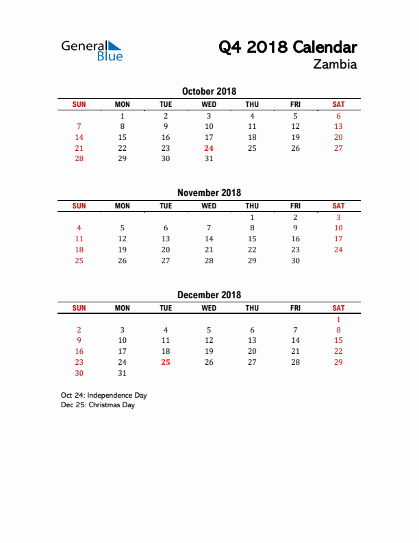 2018 Q4 Calendar with Holidays List for Zambia