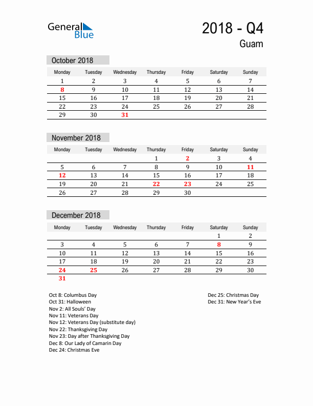 Guam Quarter 4 2018 Calendar with Holidays