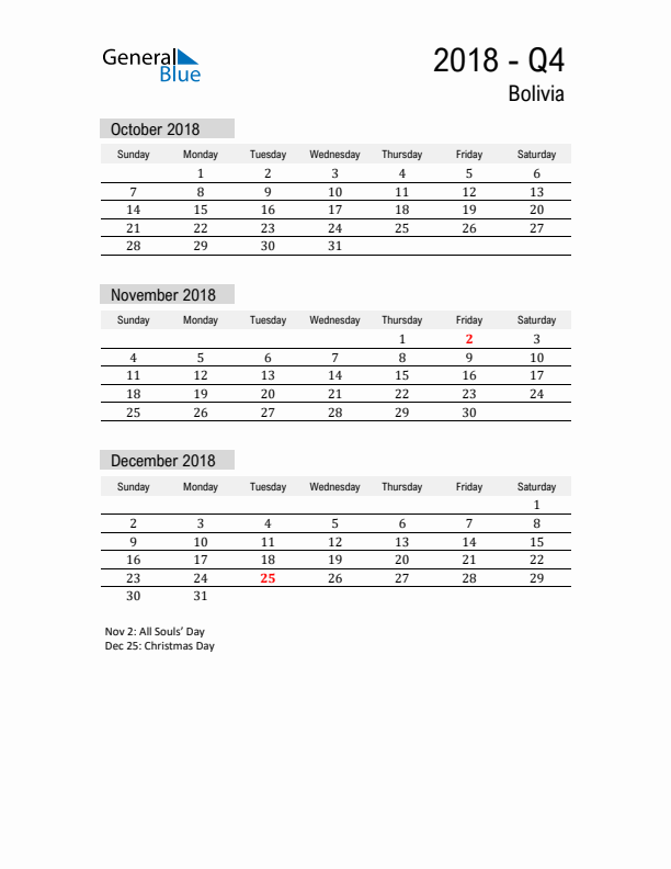 Bolivia Quarter 4 2018 Calendar with Holidays