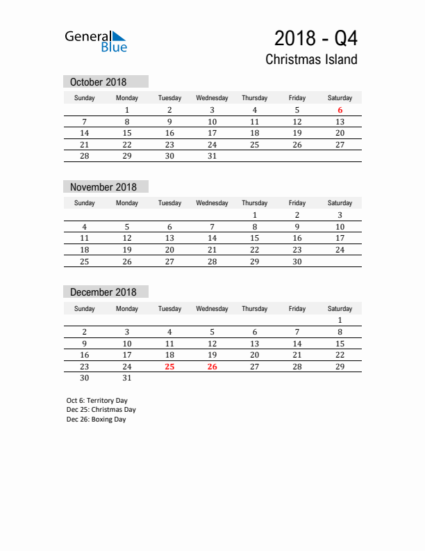 Christmas Island Quarter 4 2018 Calendar with Holidays
