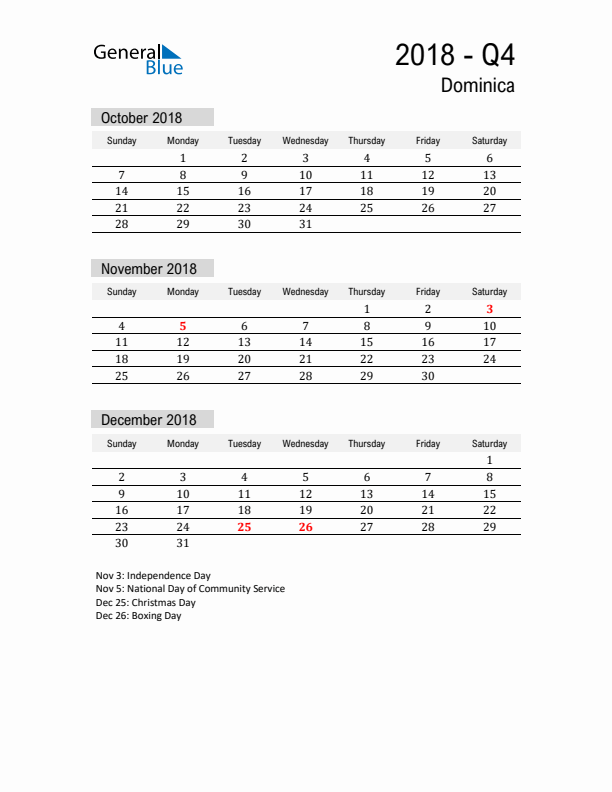 Dominica Quarter 4 2018 Calendar with Holidays