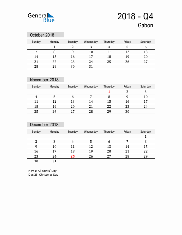 Gabon Quarter 4 2018 Calendar with Holidays