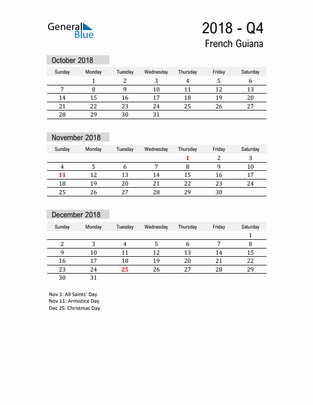 French Guiana Quarter 4 2018 Calendar with Holidays