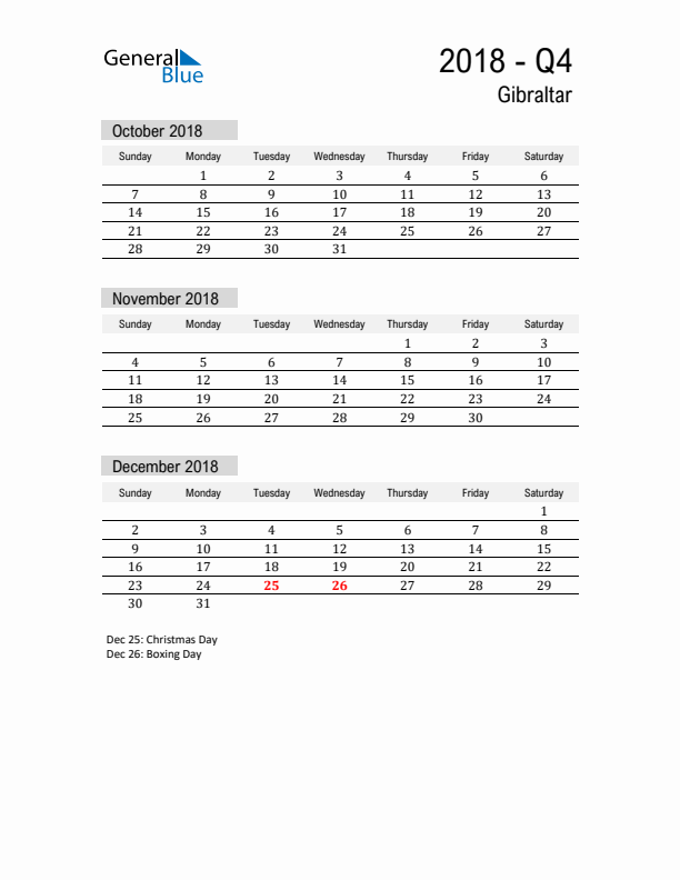Gibraltar Quarter 4 2018 Calendar with Holidays