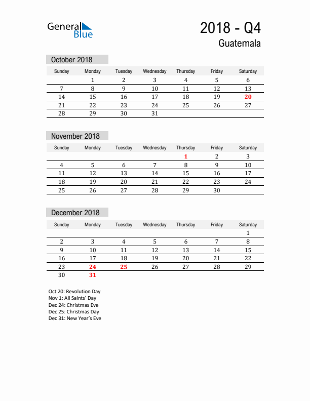Guatemala Quarter 4 2018 Calendar with Holidays