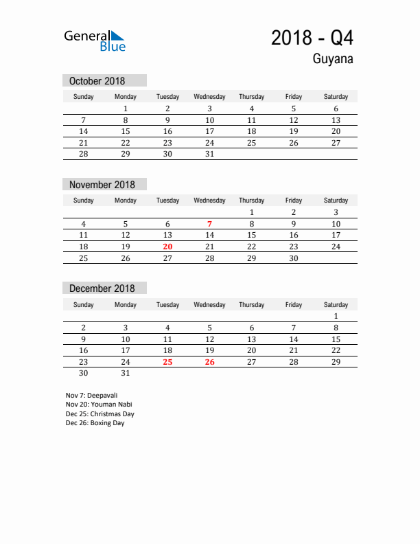 Guyana Quarter 4 2018 Calendar with Holidays