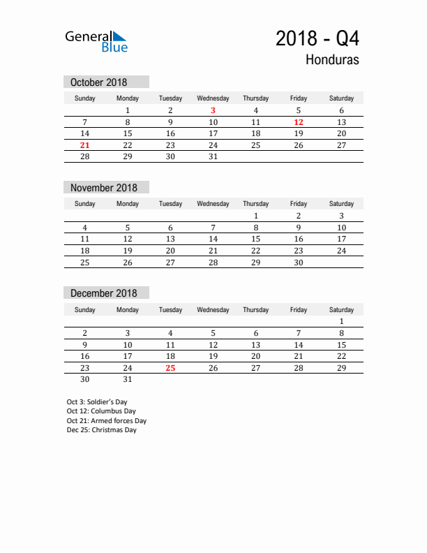 Honduras Quarter 4 2018 Calendar with Holidays