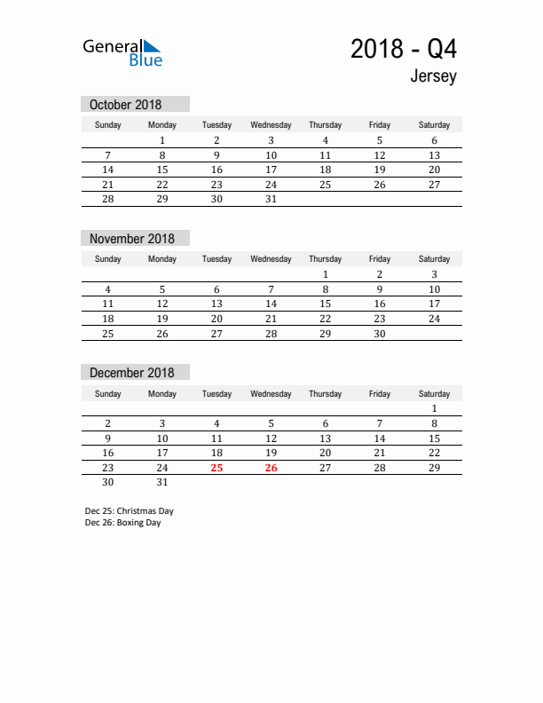Jersey Quarter 4 2018 Calendar with Holidays