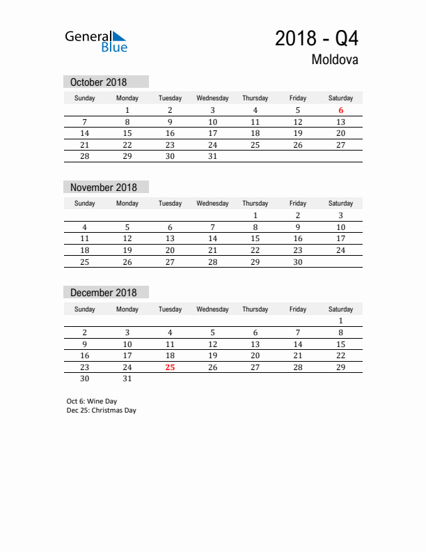Moldova Quarter 4 2018 Calendar with Holidays
