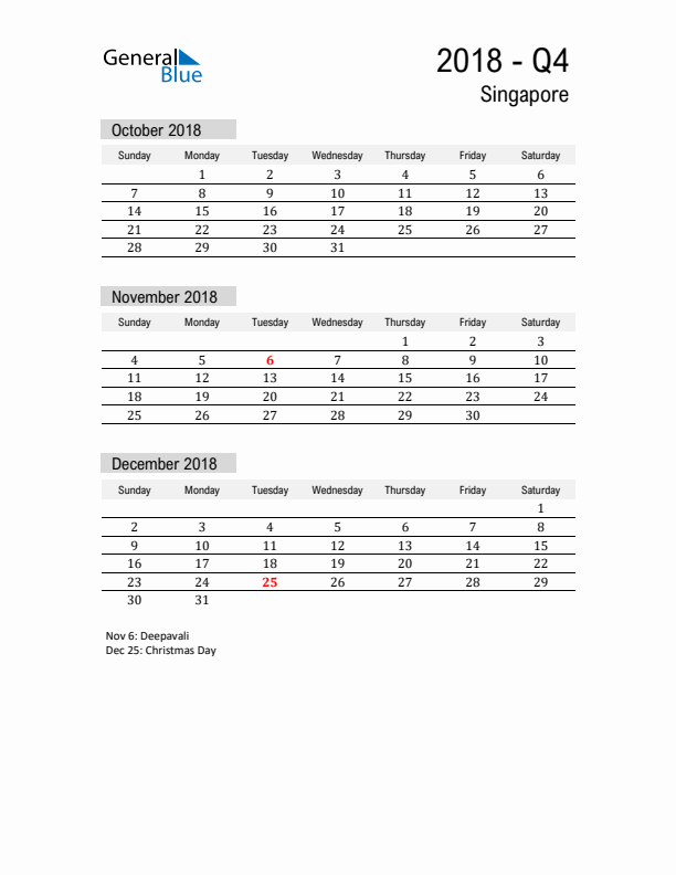 Singapore Quarter 4 2018 Calendar with Holidays