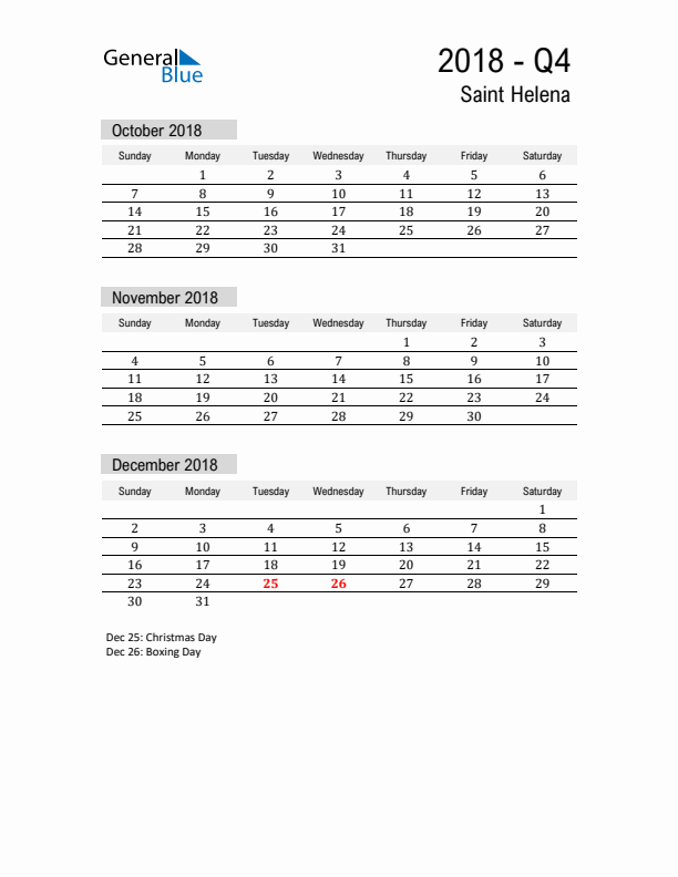 Saint Helena Quarter 4 2018 Calendar with Holidays