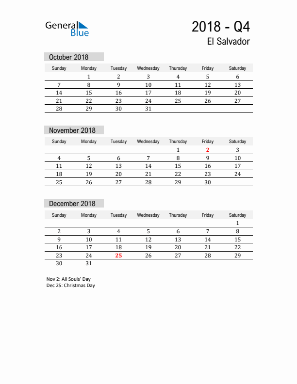 El Salvador Quarter 4 2018 Calendar with Holidays