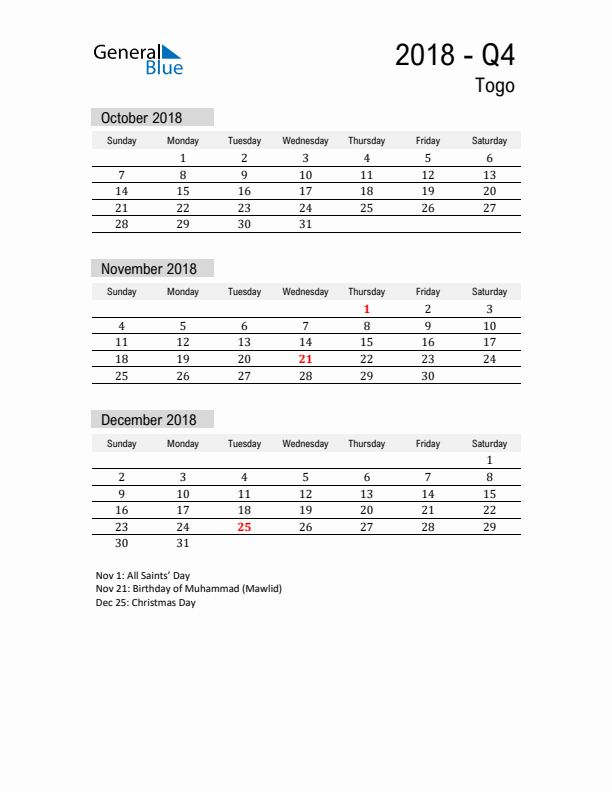 Togo Quarter 4 2018 Calendar with Holidays