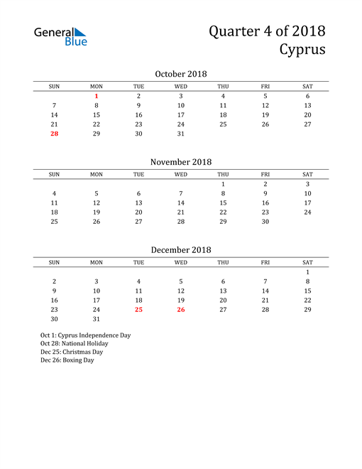  2018 Cyprus Quarterly Calendar