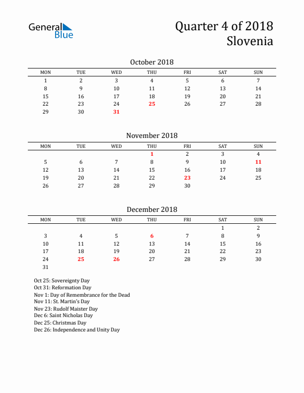 Quarter 4 2018 Slovenia Quarterly Calendar