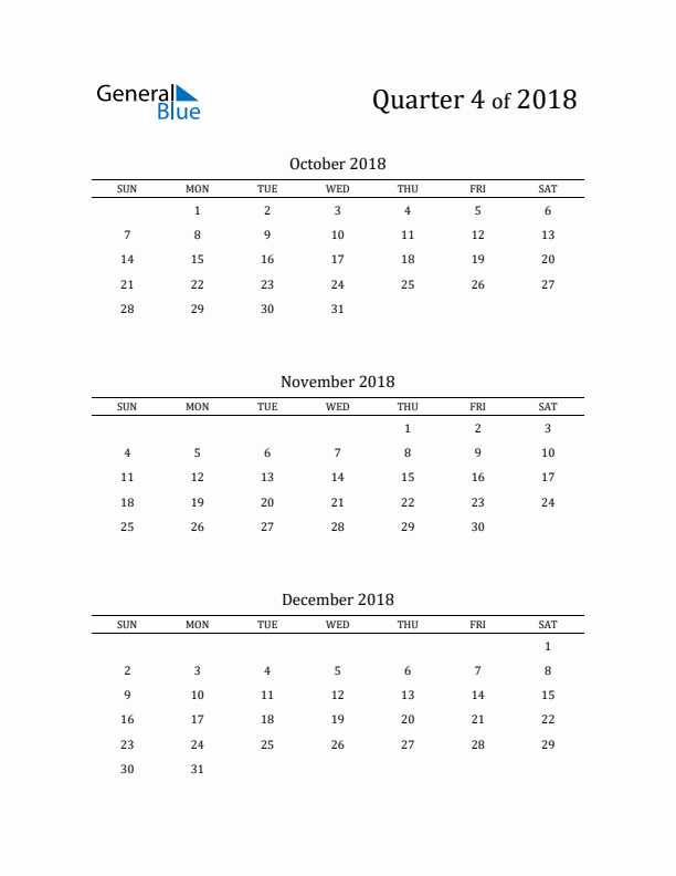 2018 Three-Month Calendar with Sunday Start - Quarter 4