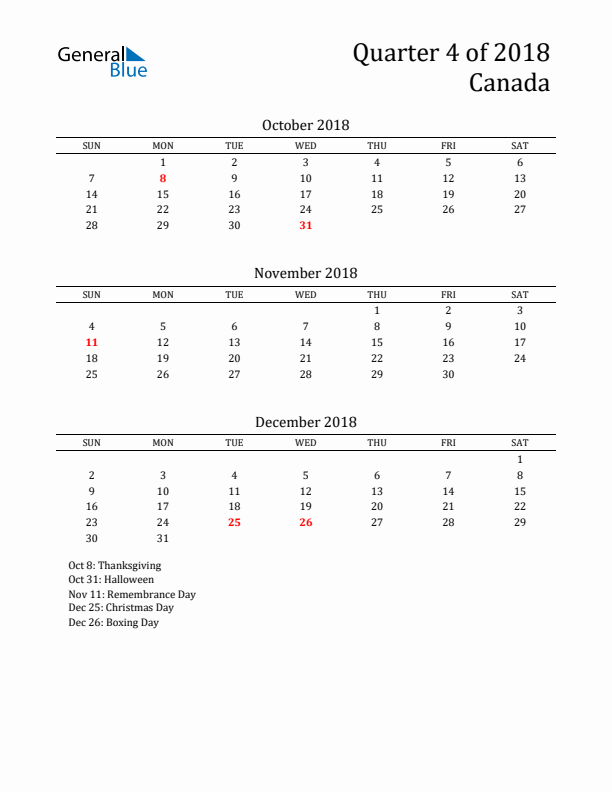 Quarter 4 2018 Canada Quarterly Calendar