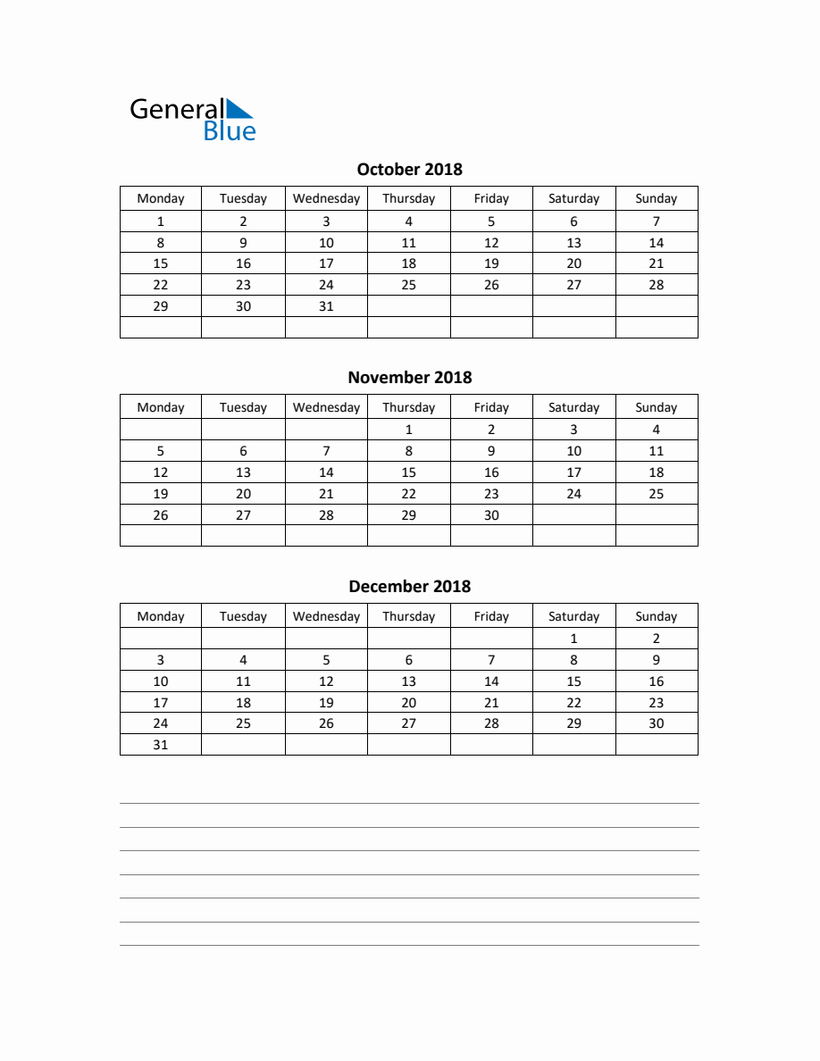 Free Printable Q4 Quarterly Calendar 2018