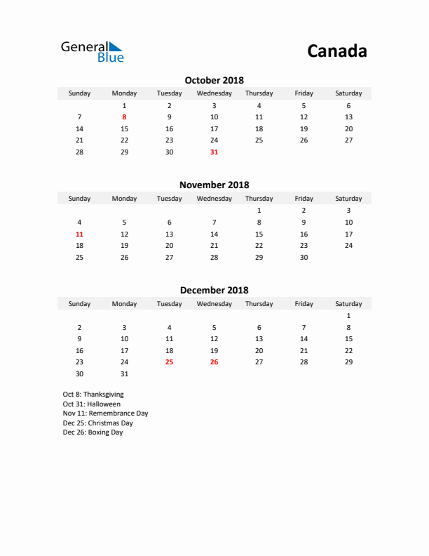 Printable Quarterly Calendar with Notes and Canada Holidays- Q4 of 2018