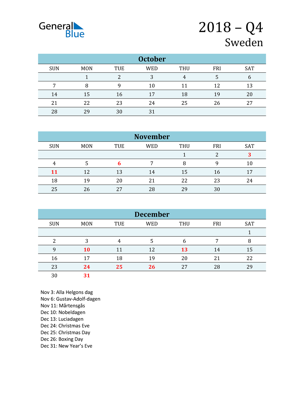  Three-Month Planner for Q4 2018 with Holidays