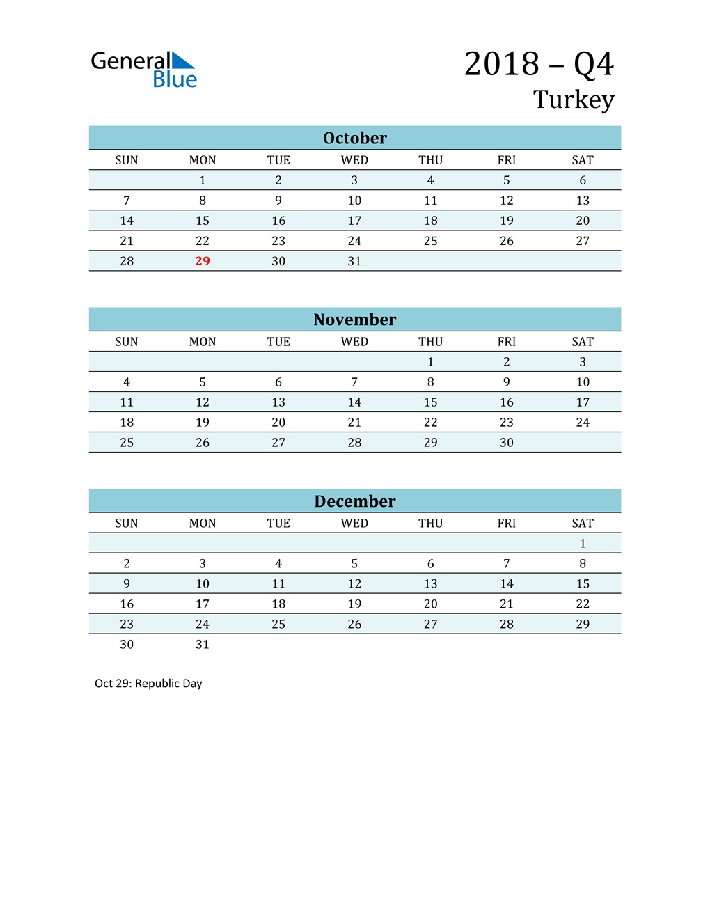  Three-Month Planner for Q4 2018 with Holidays