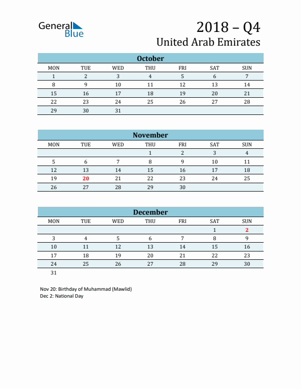 Three-Month Planner for Q4 2018 with Holidays - United Arab Emirates
