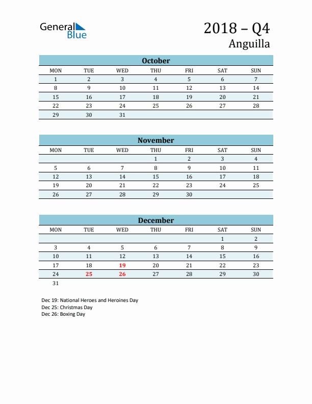 Three-Month Planner for Q4 2018 with Holidays - Anguilla