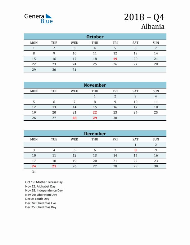 Three-Month Planner for Q4 2018 with Holidays - Albania