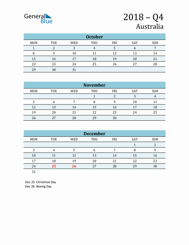 Three-Month Planner for Q4 2018 with Holidays - Australia